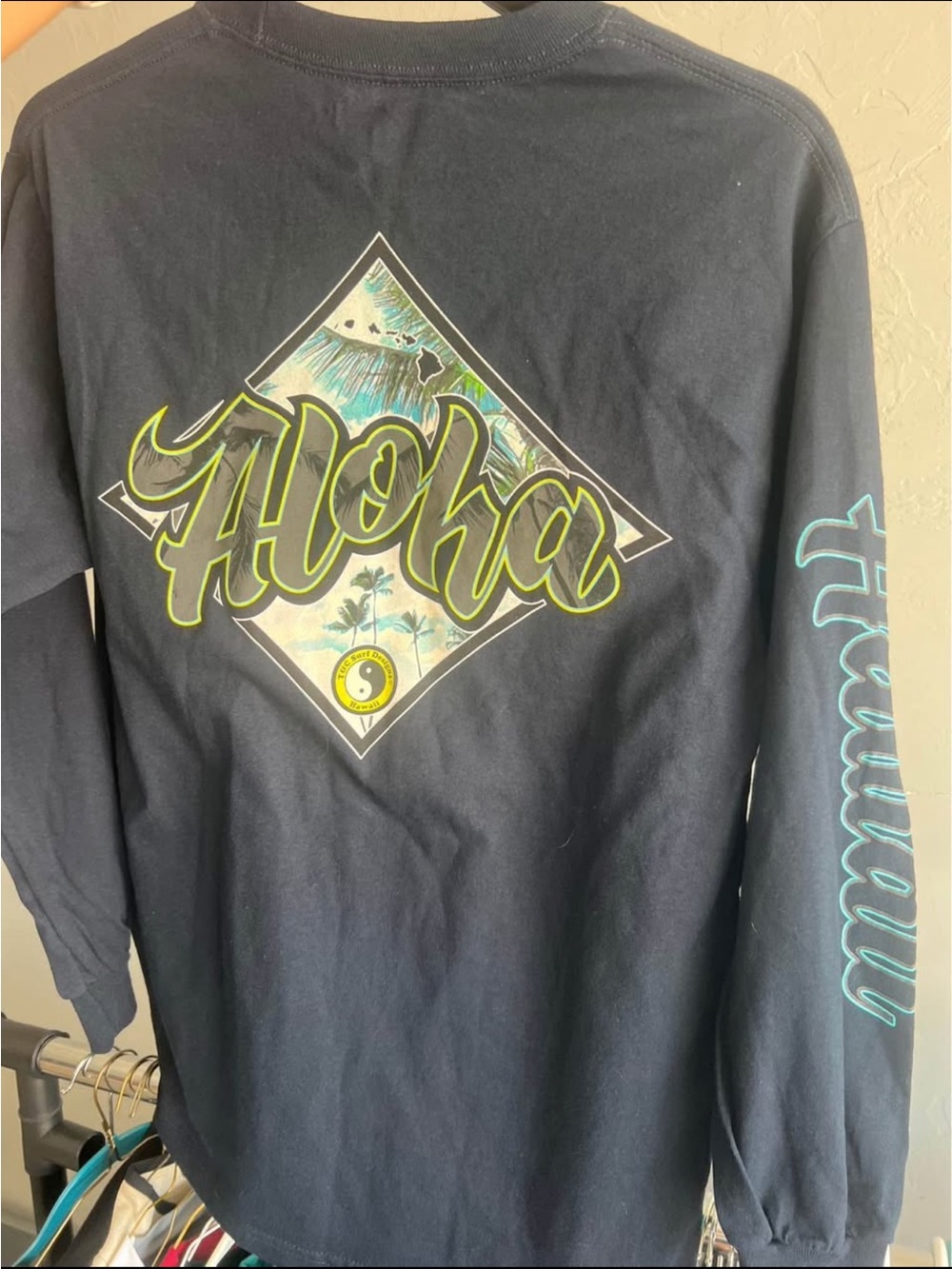 Aloha Graphic Long Sleeve Tee - Navy with Lime & Blue Accents